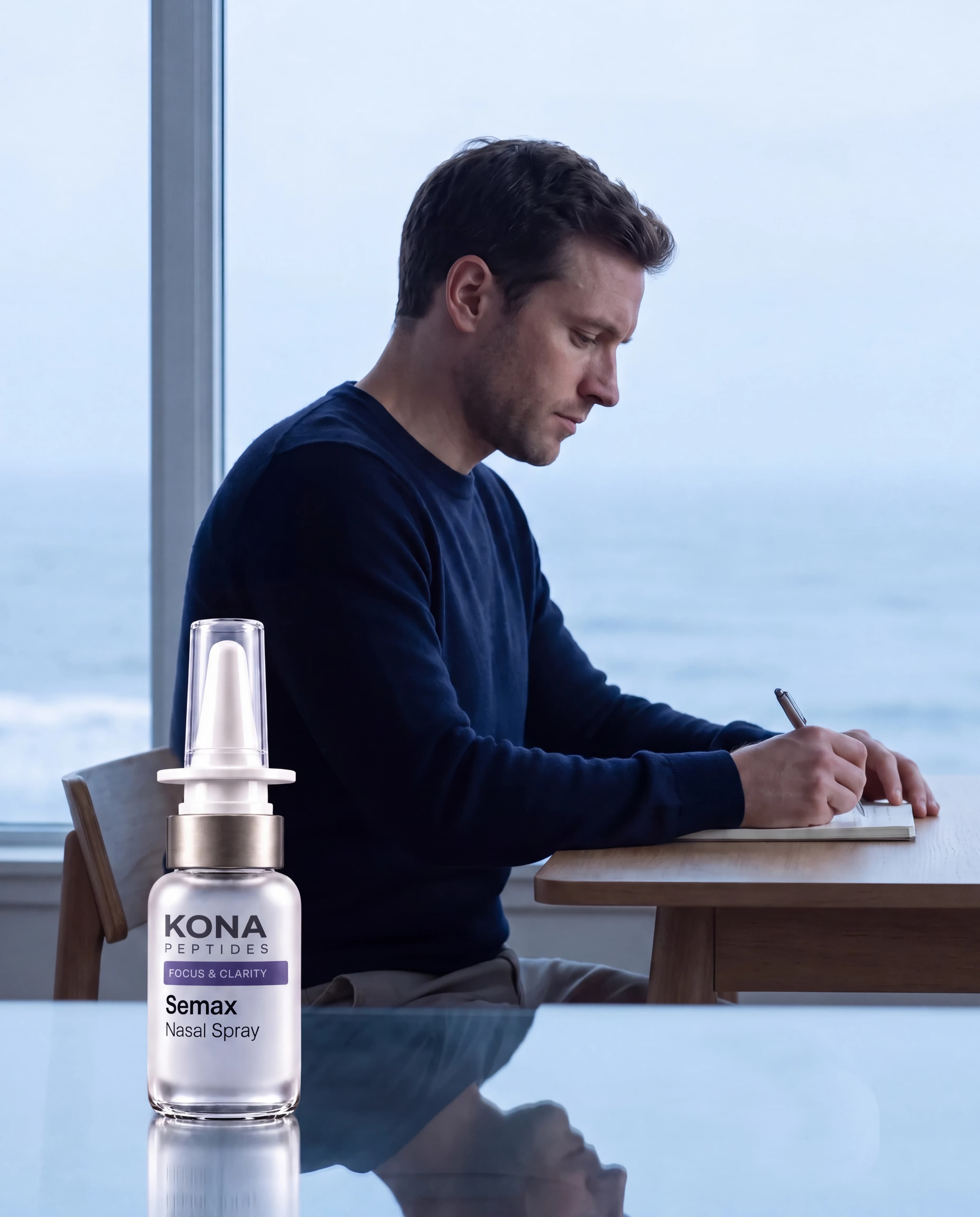 A Semax nasal spray in front of a man writing at a desk by the sea