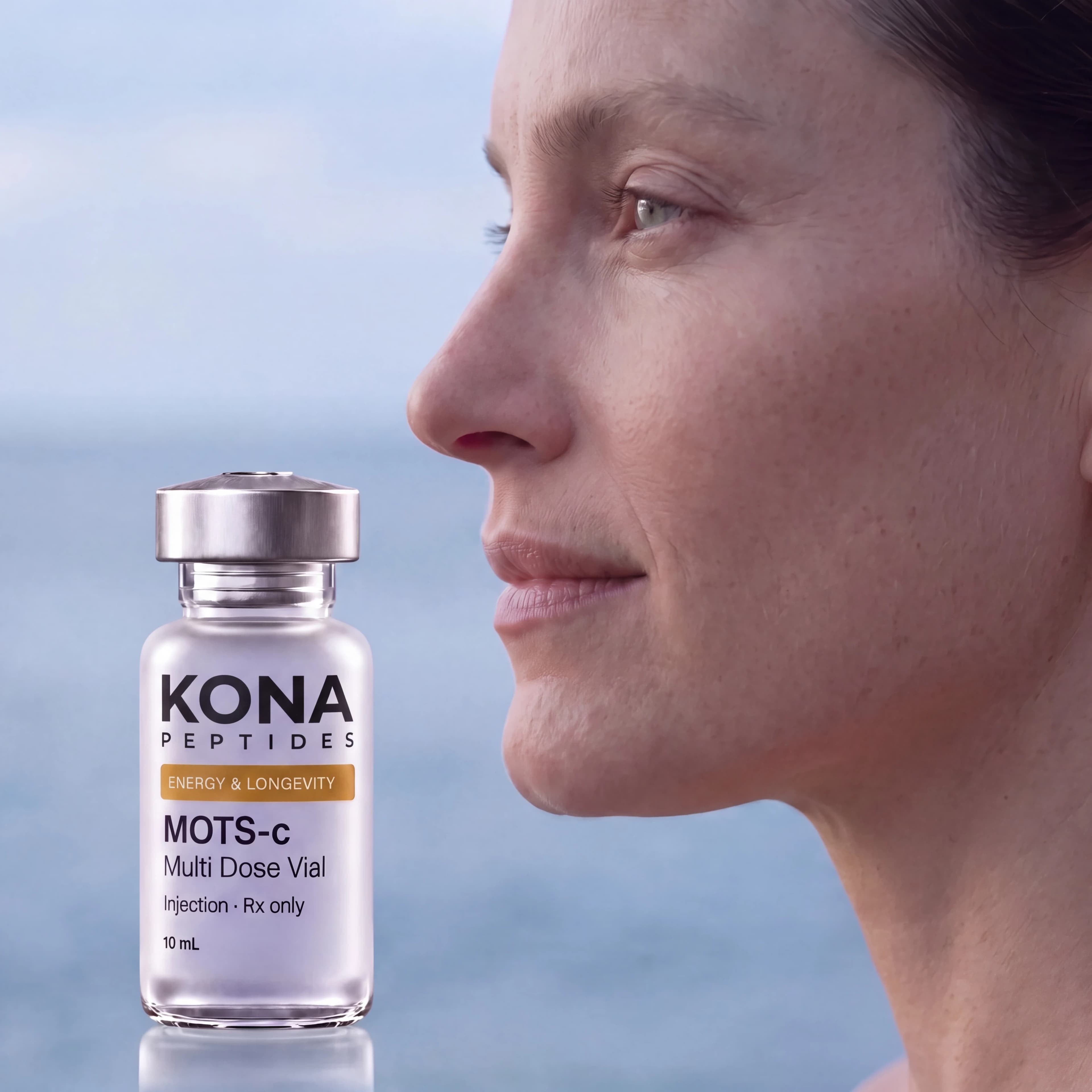 A woman by a misty sea beside a MOTS-c vial