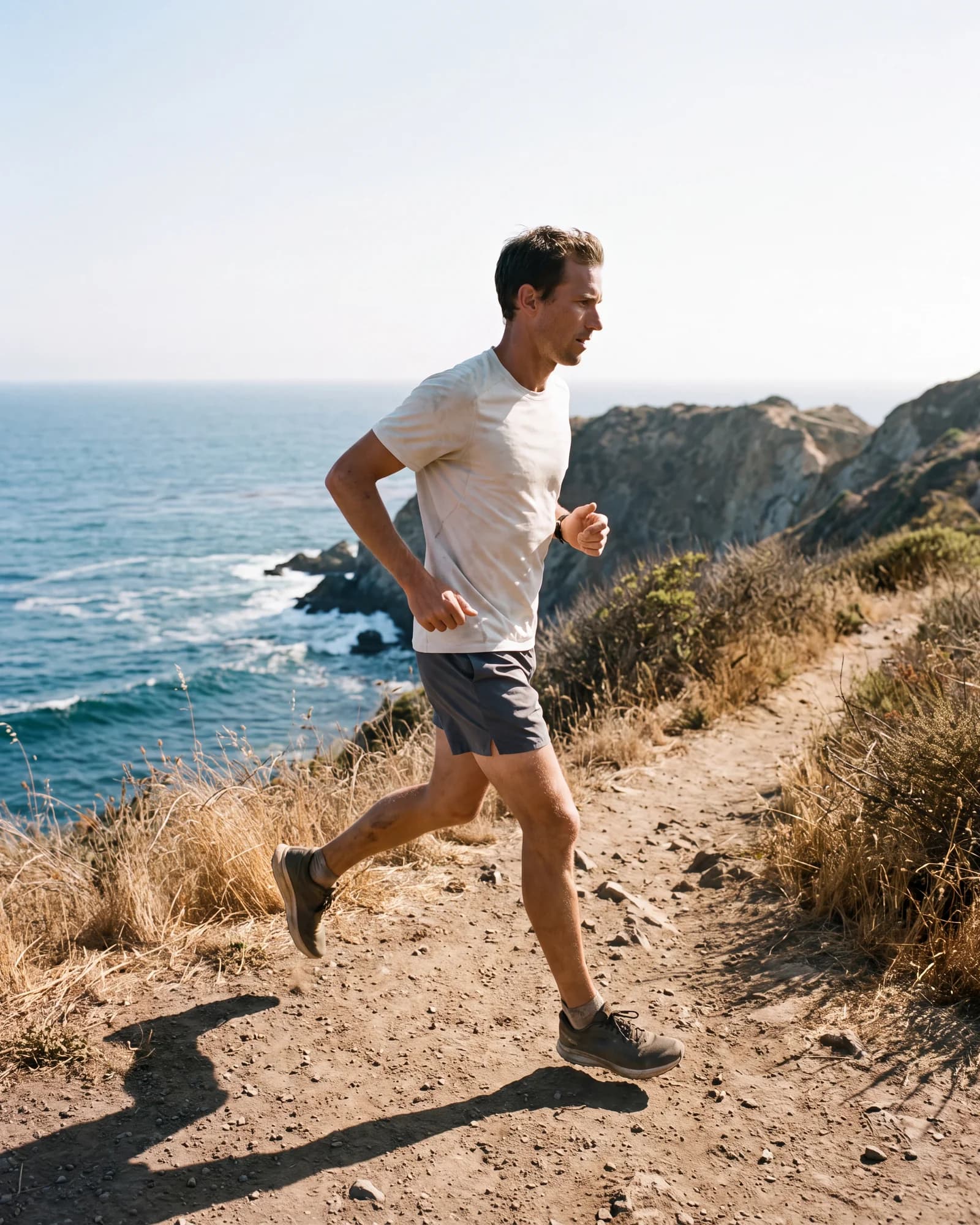 A runner moving along a sunlit coastal trail