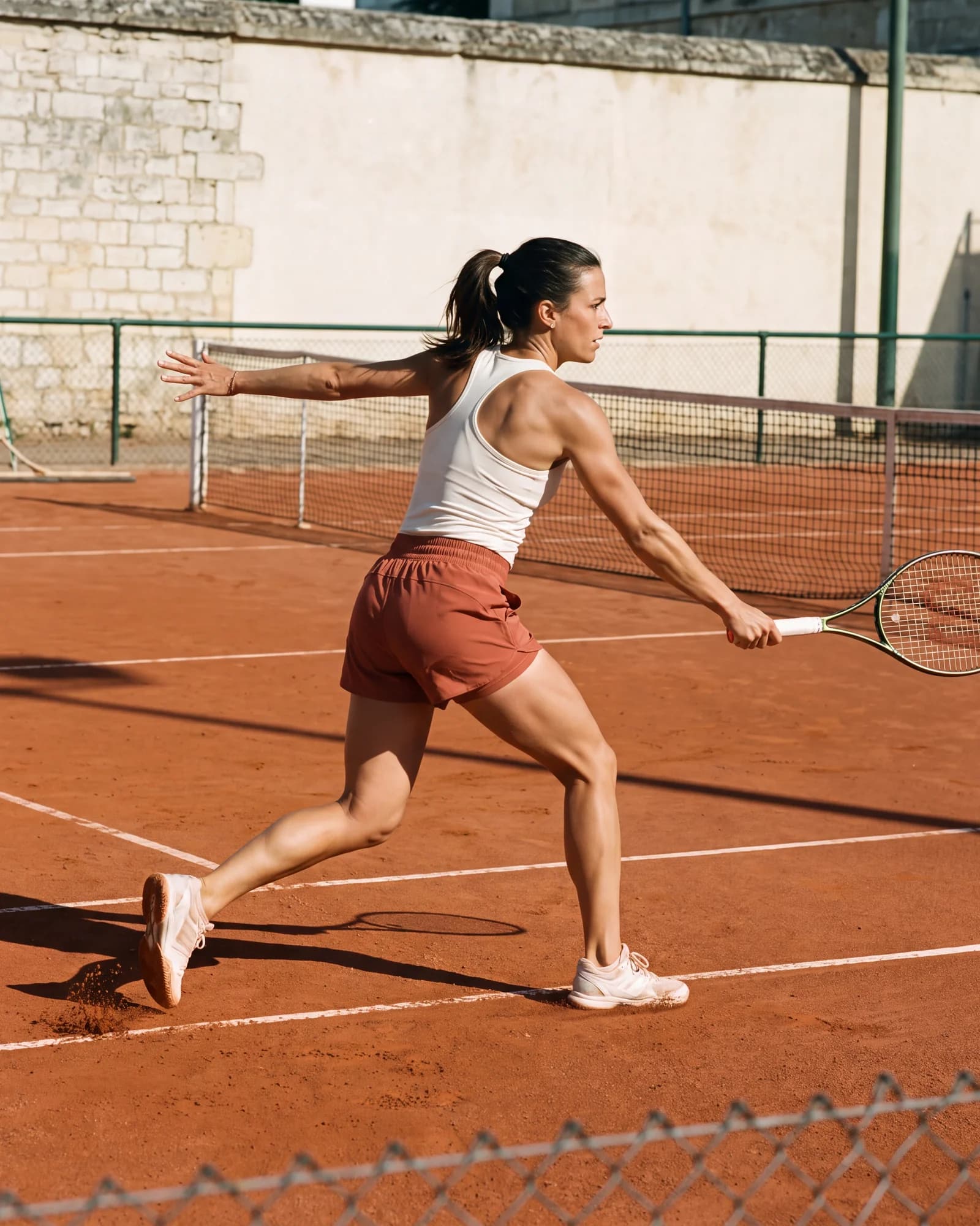 A tennis player moving across a sunlit clay court