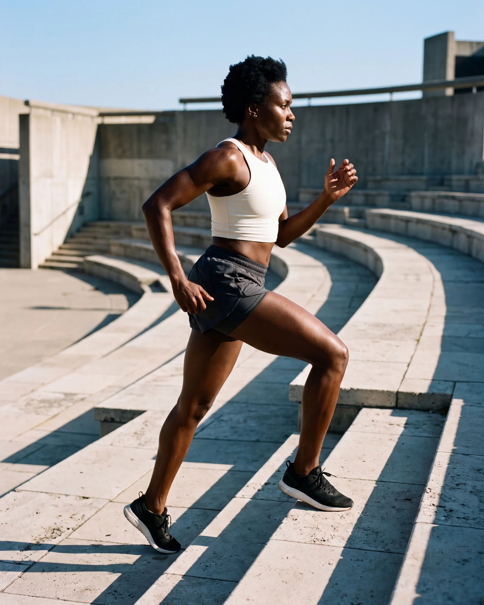 An athlete running up sunlit stone steps