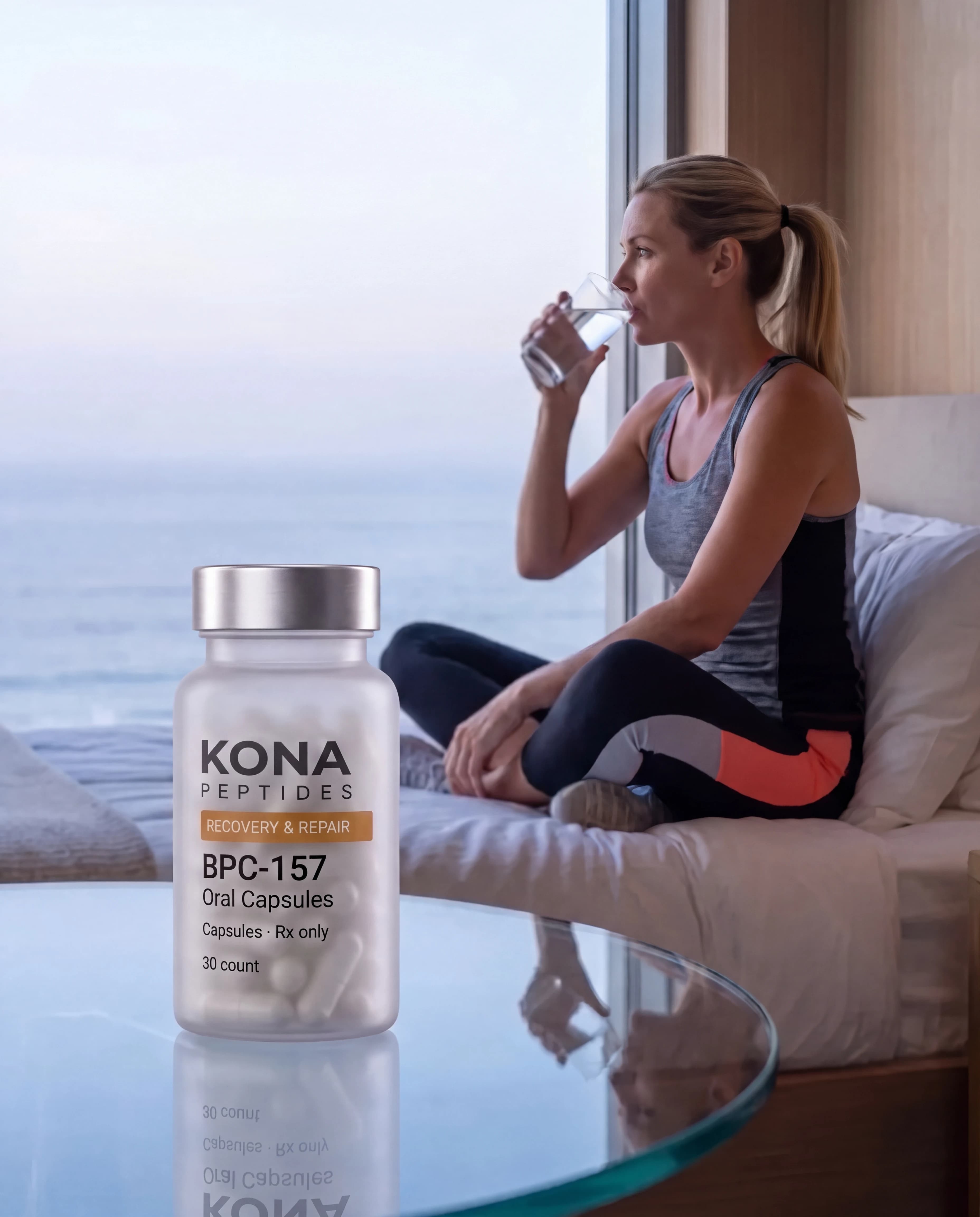A BPC-157 capsule bottle in front of a woman drinking water after a run