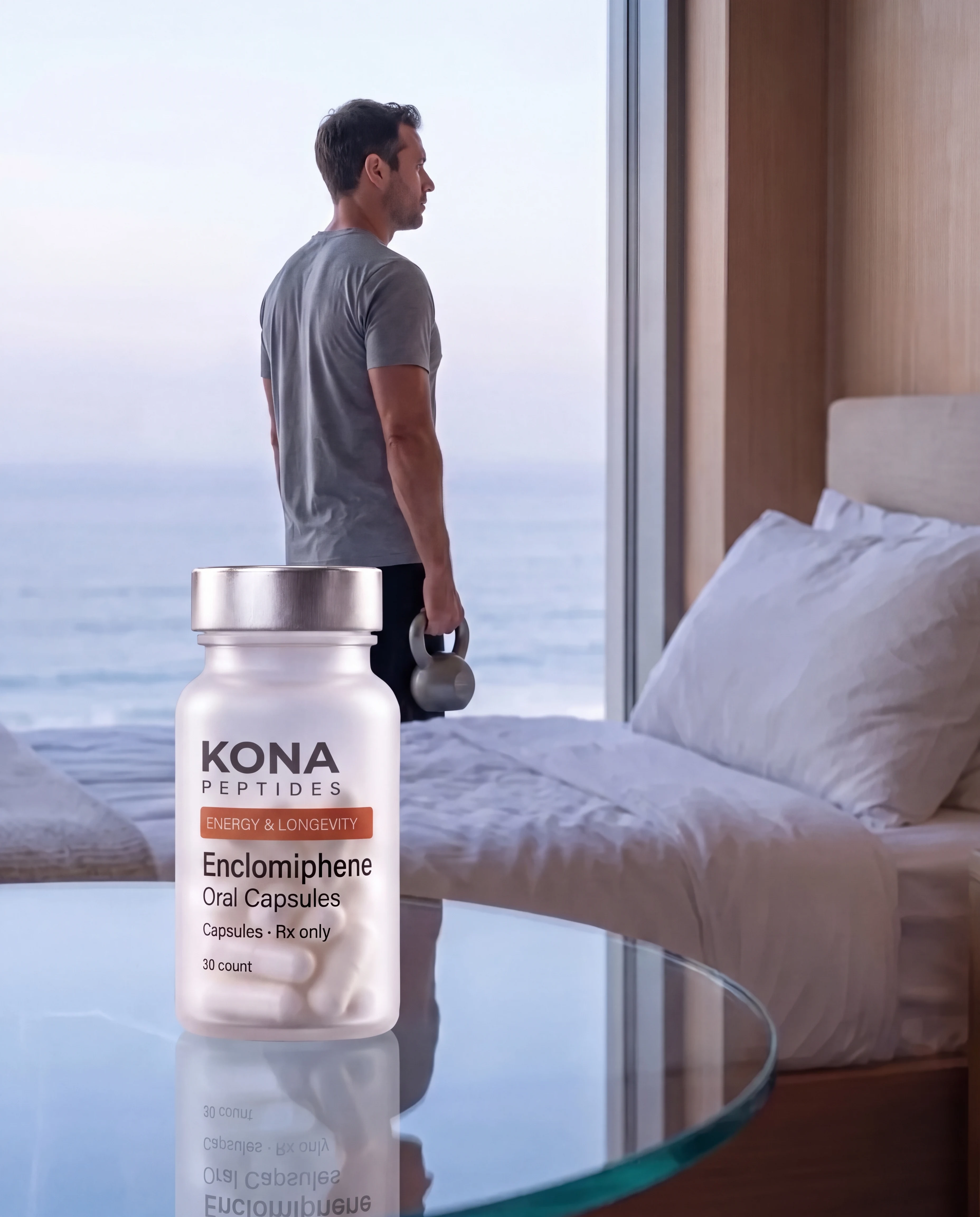 An Enclomiphene capsule bottle in front of a man holding a kettlebell by a window over the sea