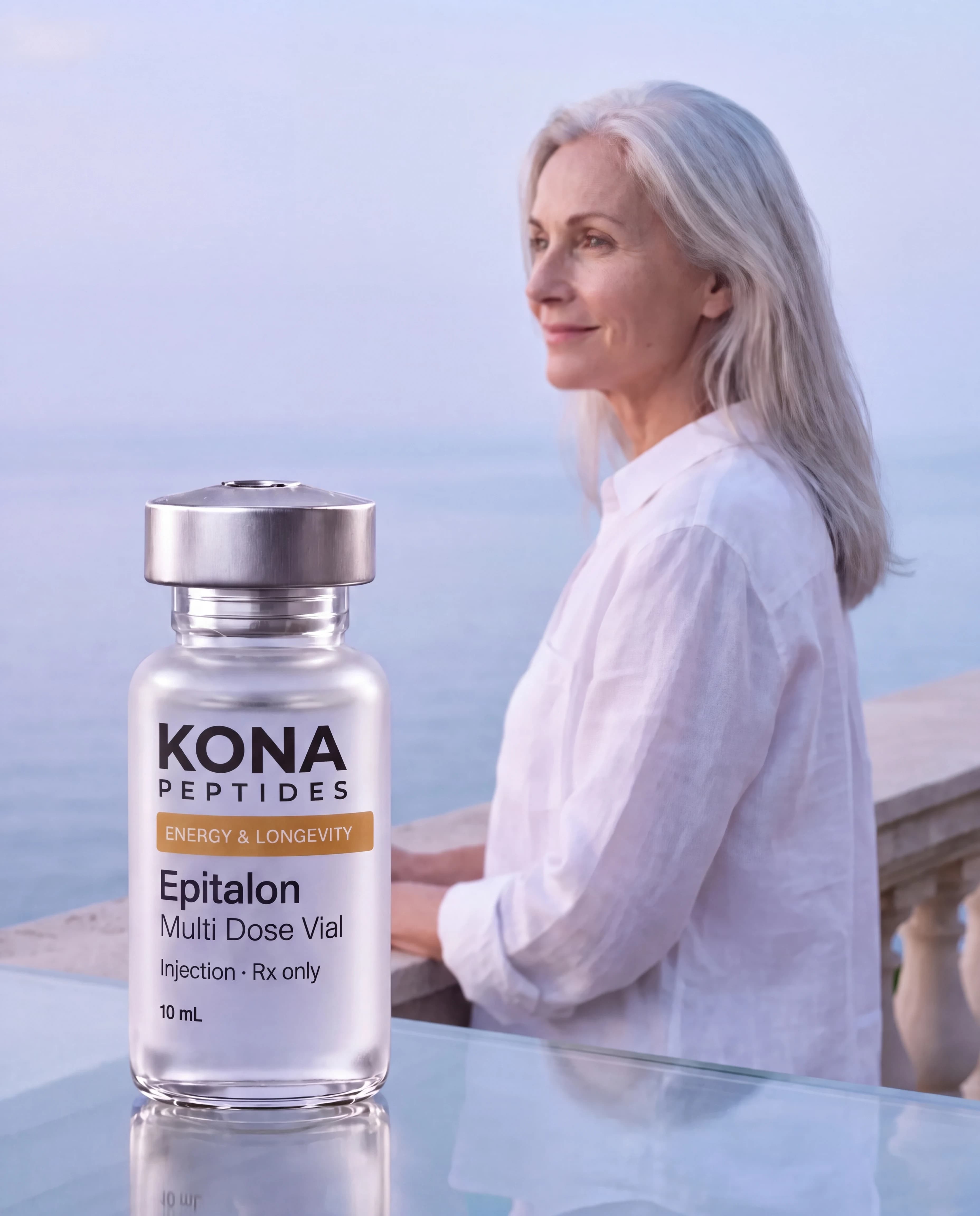 An Epitalon vial in front of a woman looking out over the sea