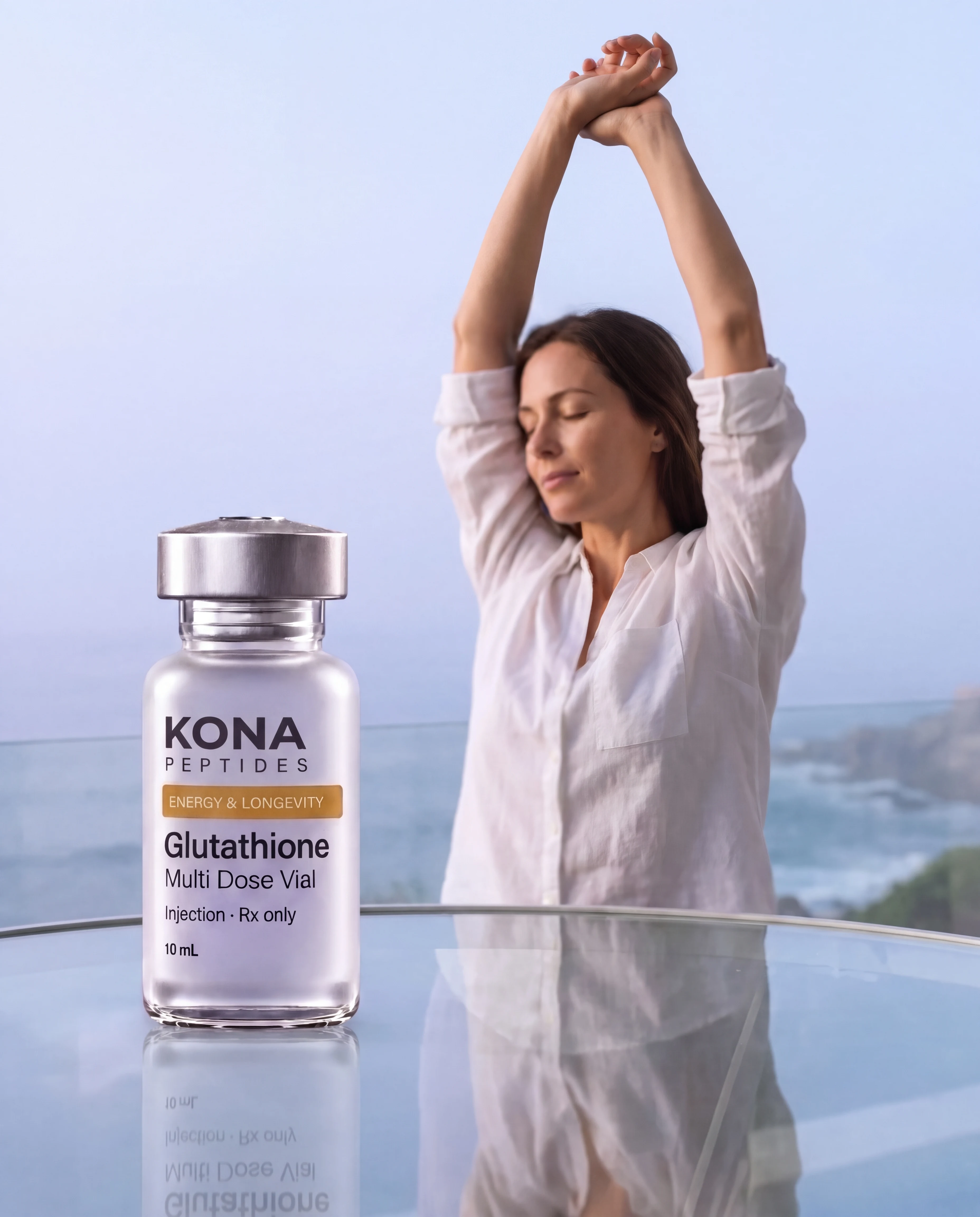 A Glutathione vial in front of a woman stretching on a seaside balcony