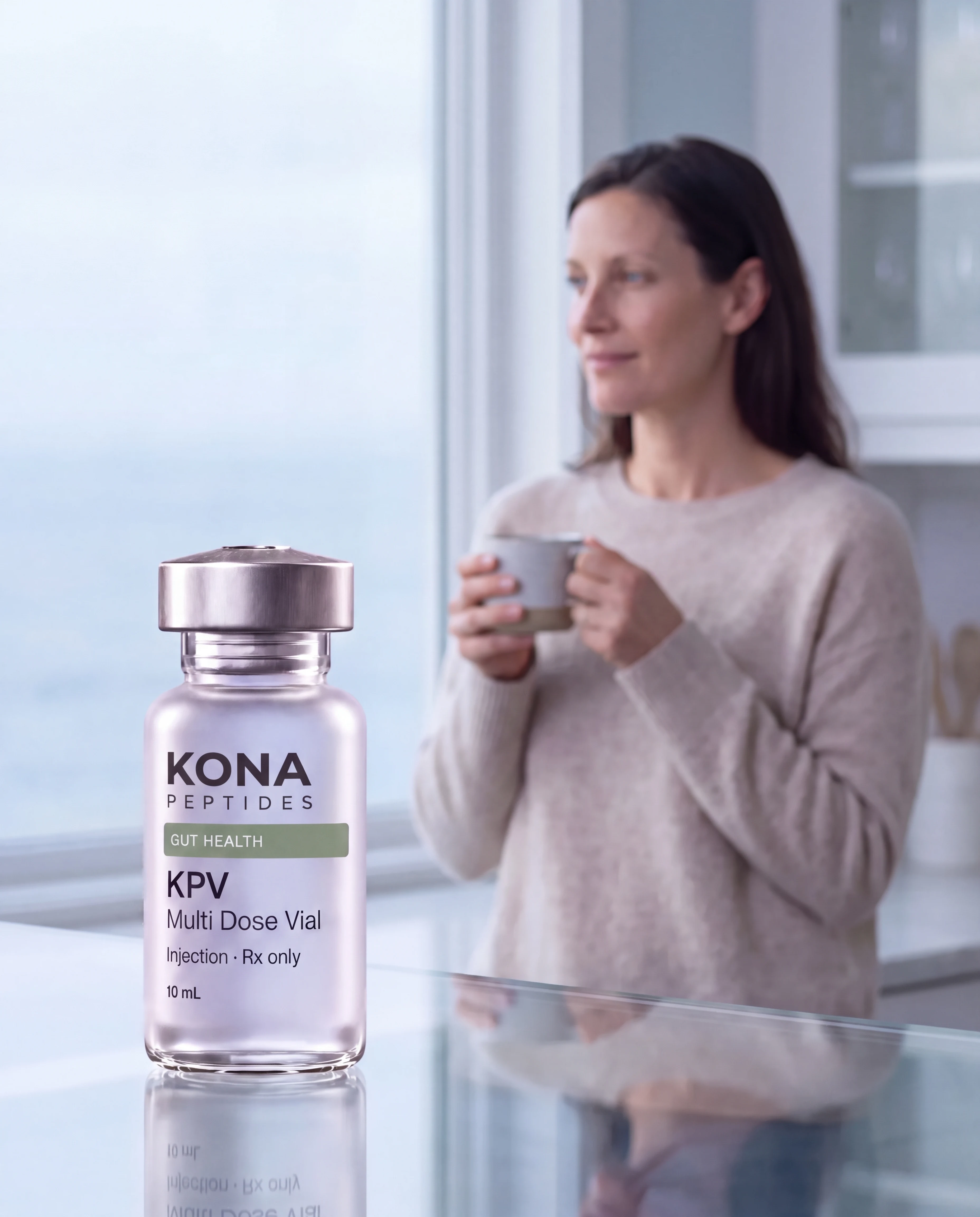 A KPV vial in front of a woman holding a mug of tea