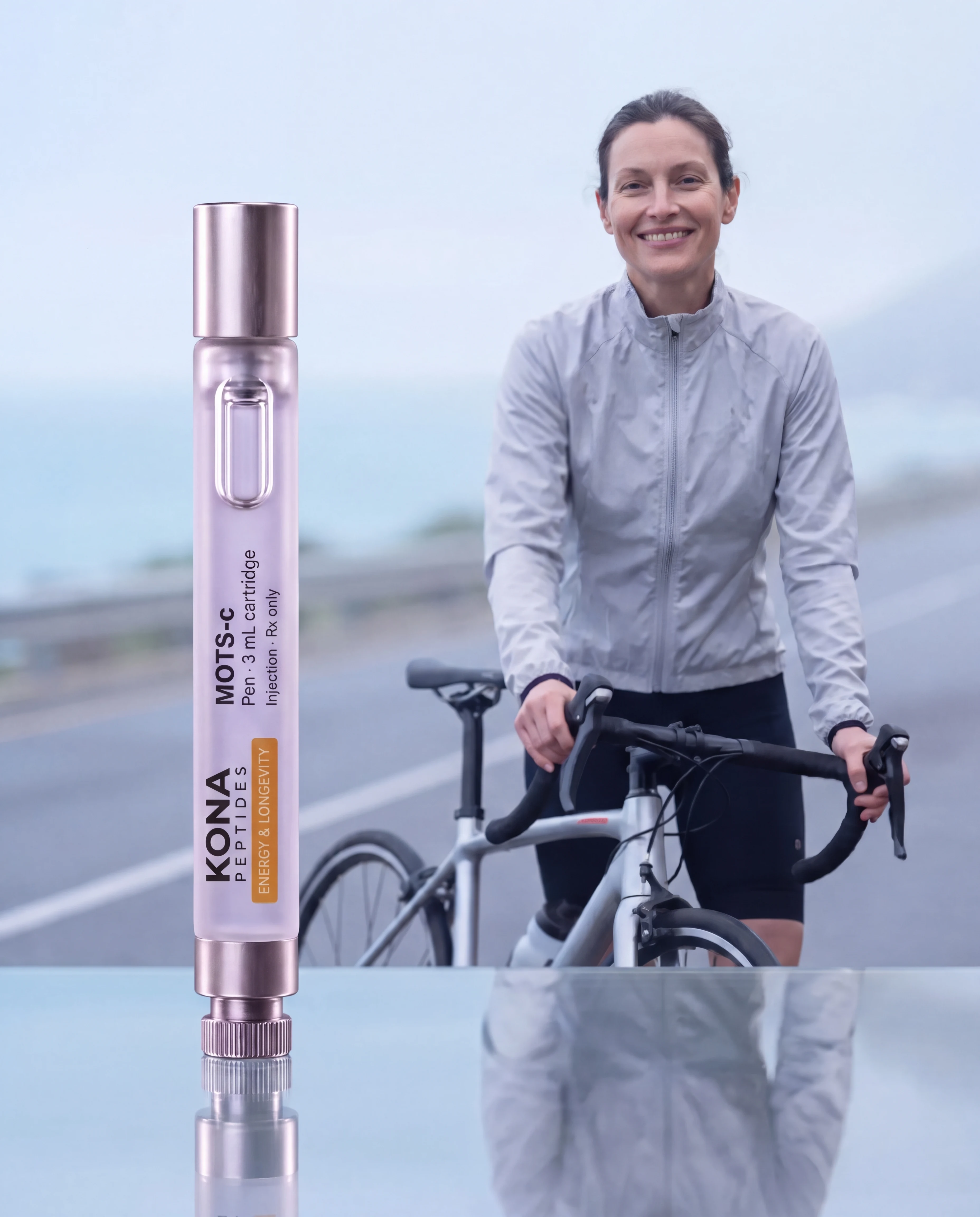 A MOTS-c pen in front of a woman with her road bike
