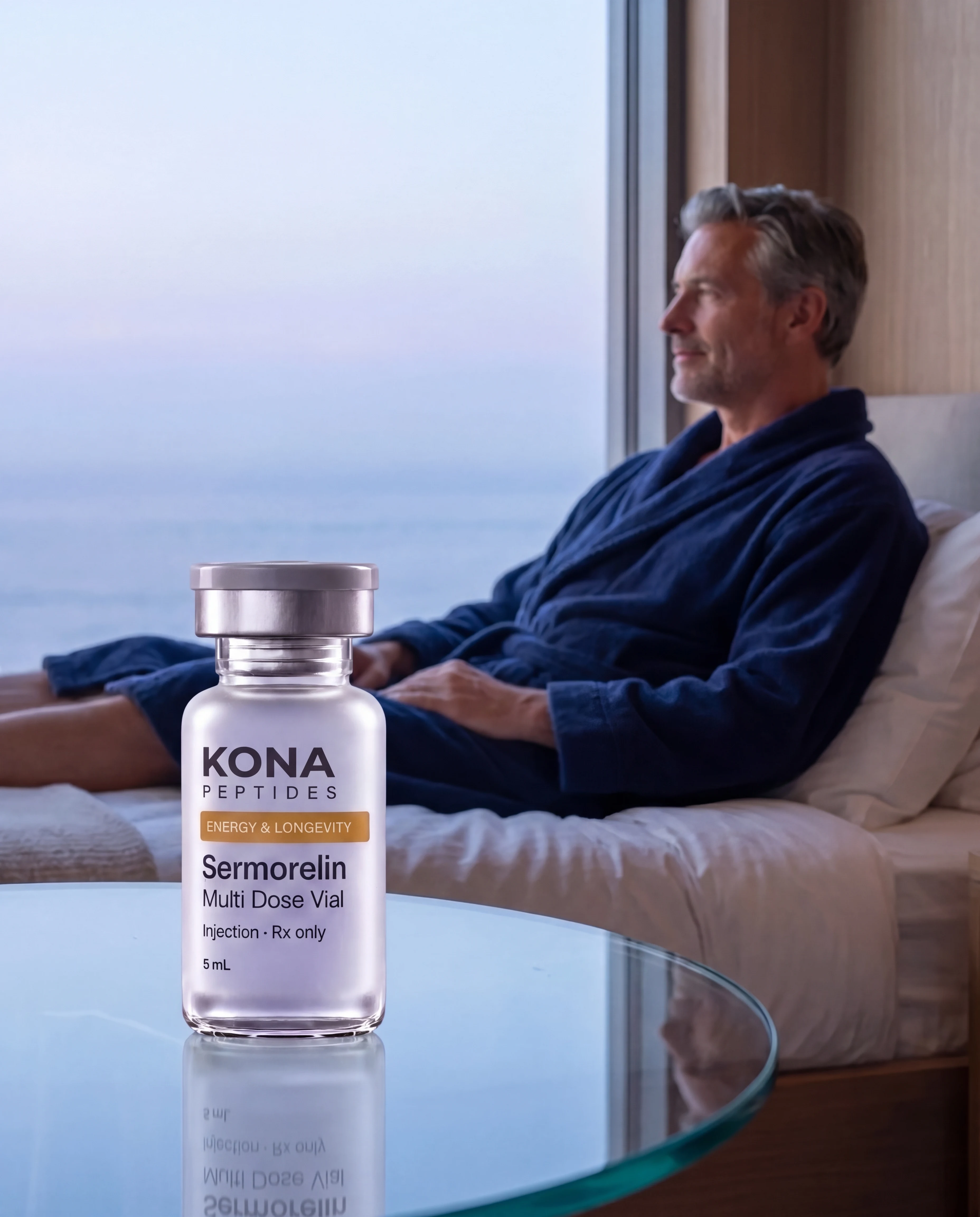 A Sermorelin vial in front of a man resting by a window over the sea