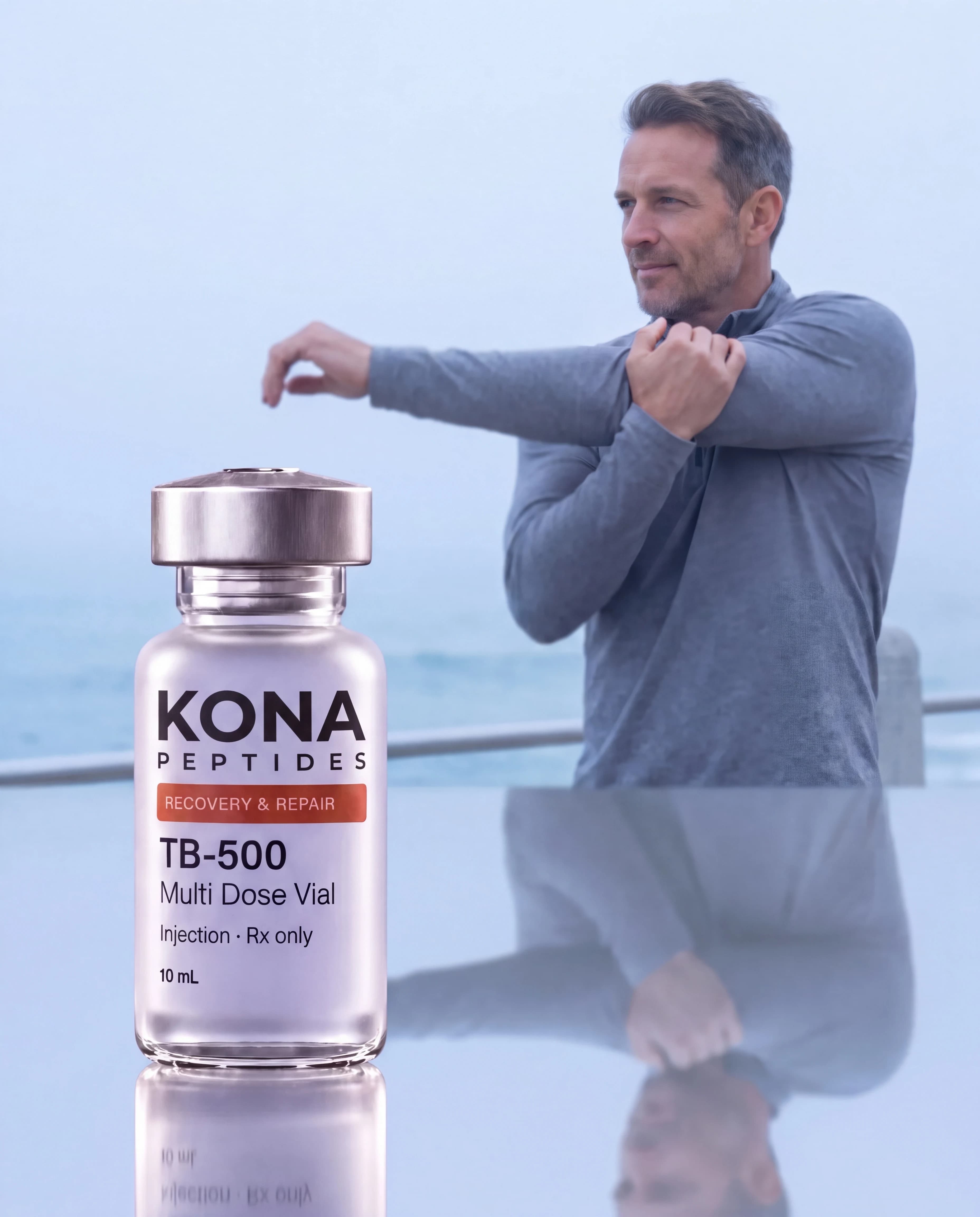 A TB-500 vial in front of a man stretching on a seaside promenade