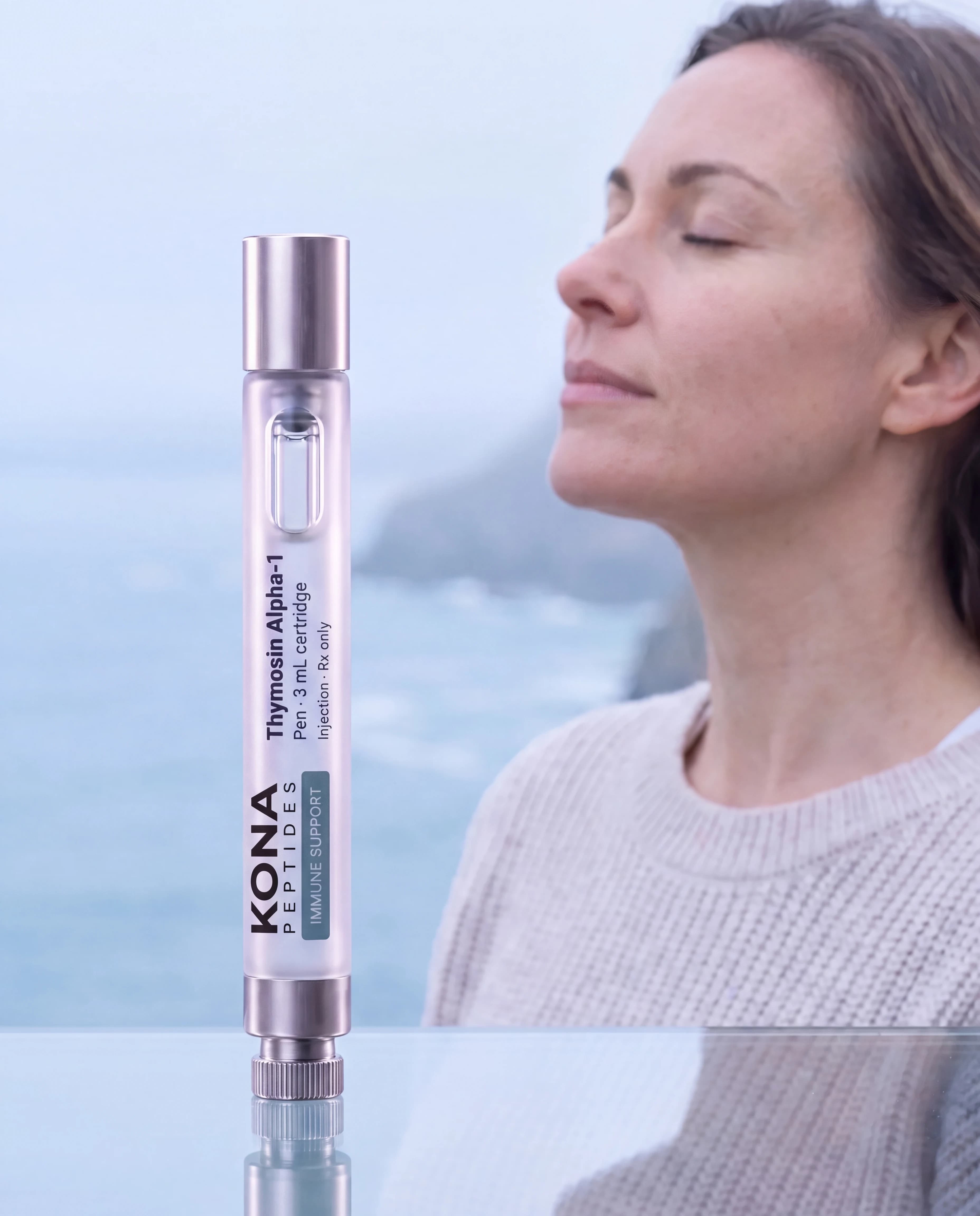 A Thymosin Alpha-1 pen in front of a woman breathing sea air