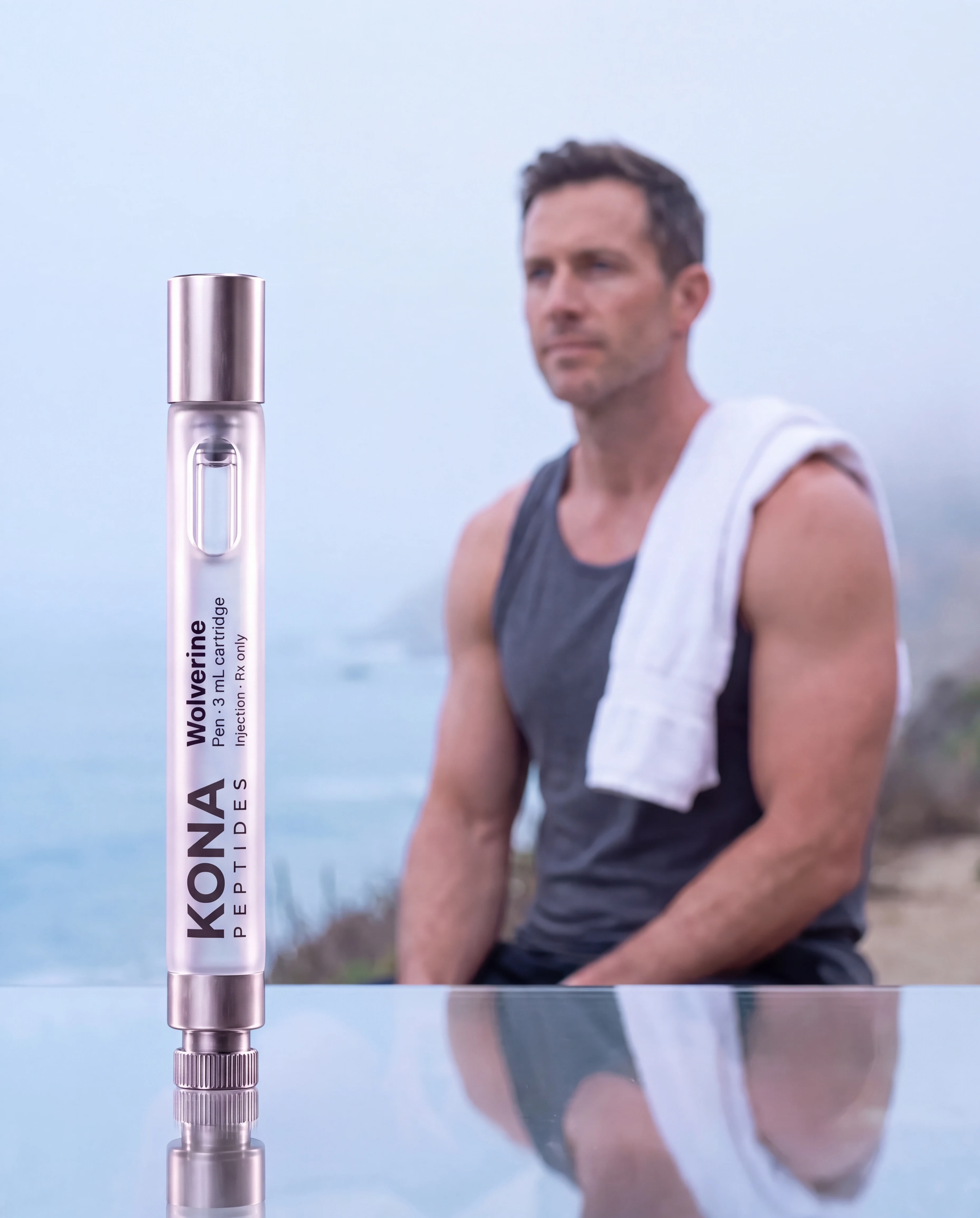 A Wolverine pen in front of a man resting after a coastal run