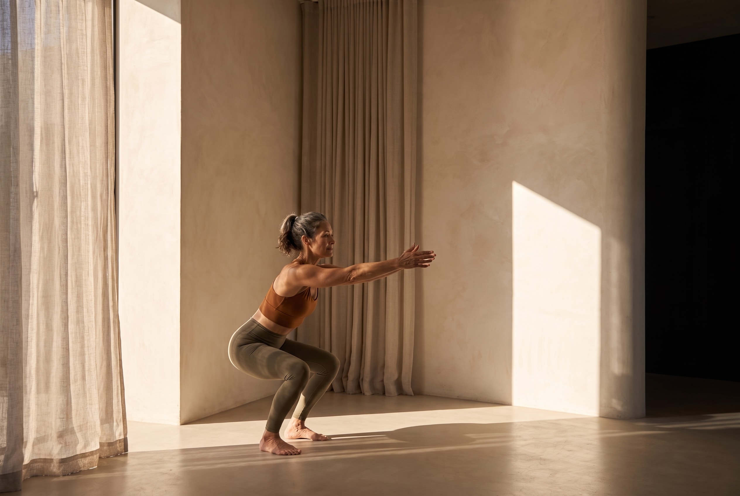 An older adult performing a bodyweight squat with arms extended, in a sunlit plaster room.