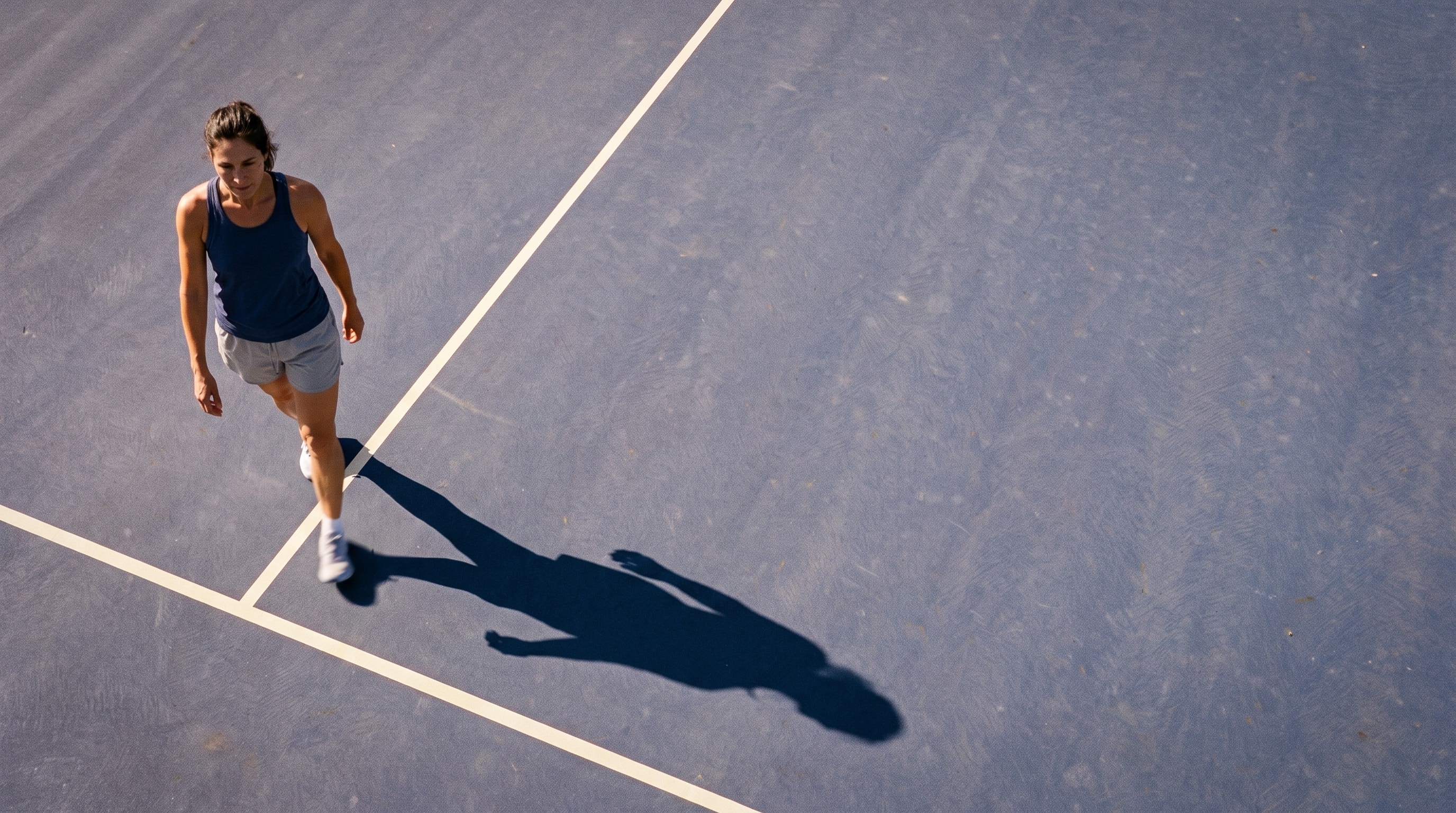 A high overhead frame of an athlete walking across a blue-grey court beside a long hard-sun shadow.