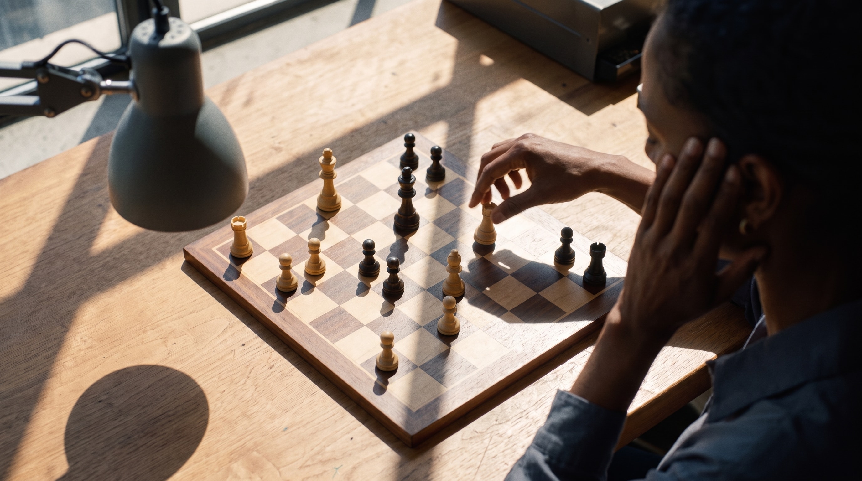 An over-the-shoulder frame of a person at a sunlit wooden desk moving a piece on a chessboard.