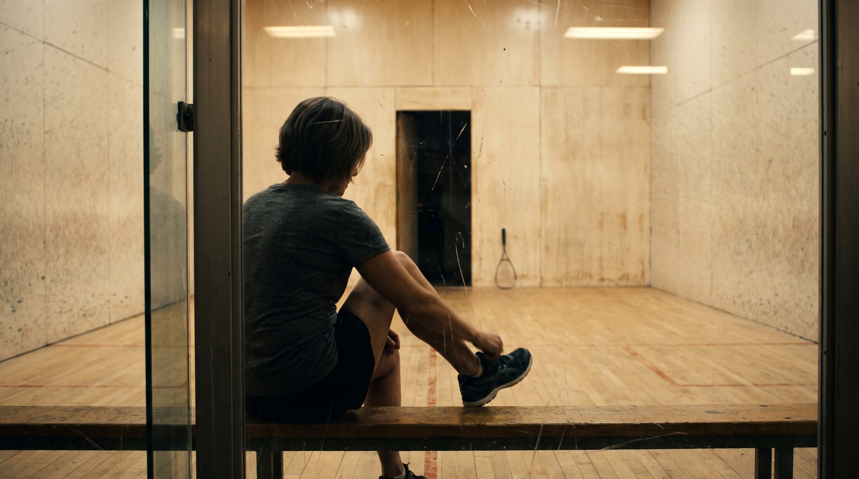 A person seen through glass from behind, sitting on a bench tying a shoe in an empty squash court.