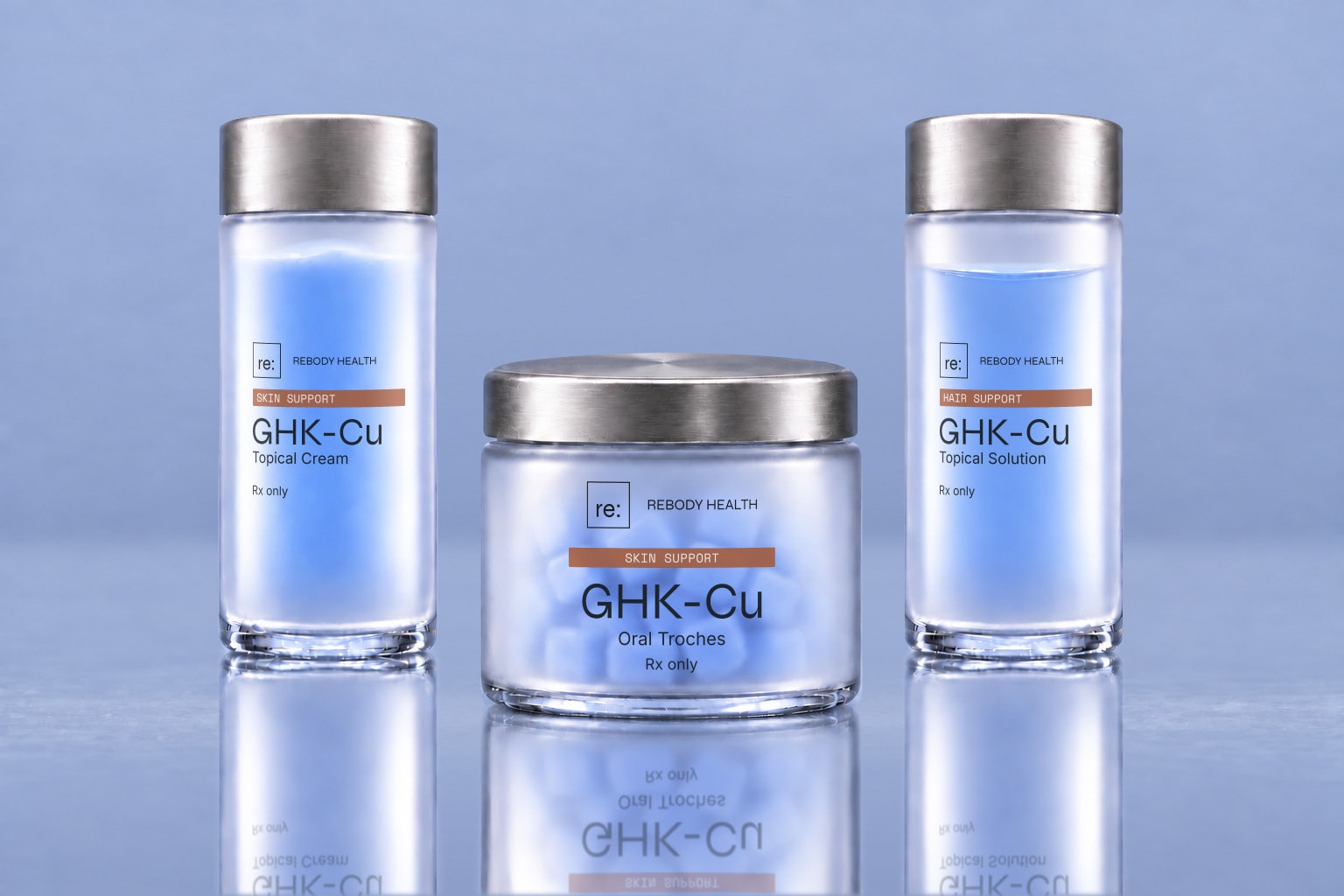 Copper peptide formats on a light blue studio surface.