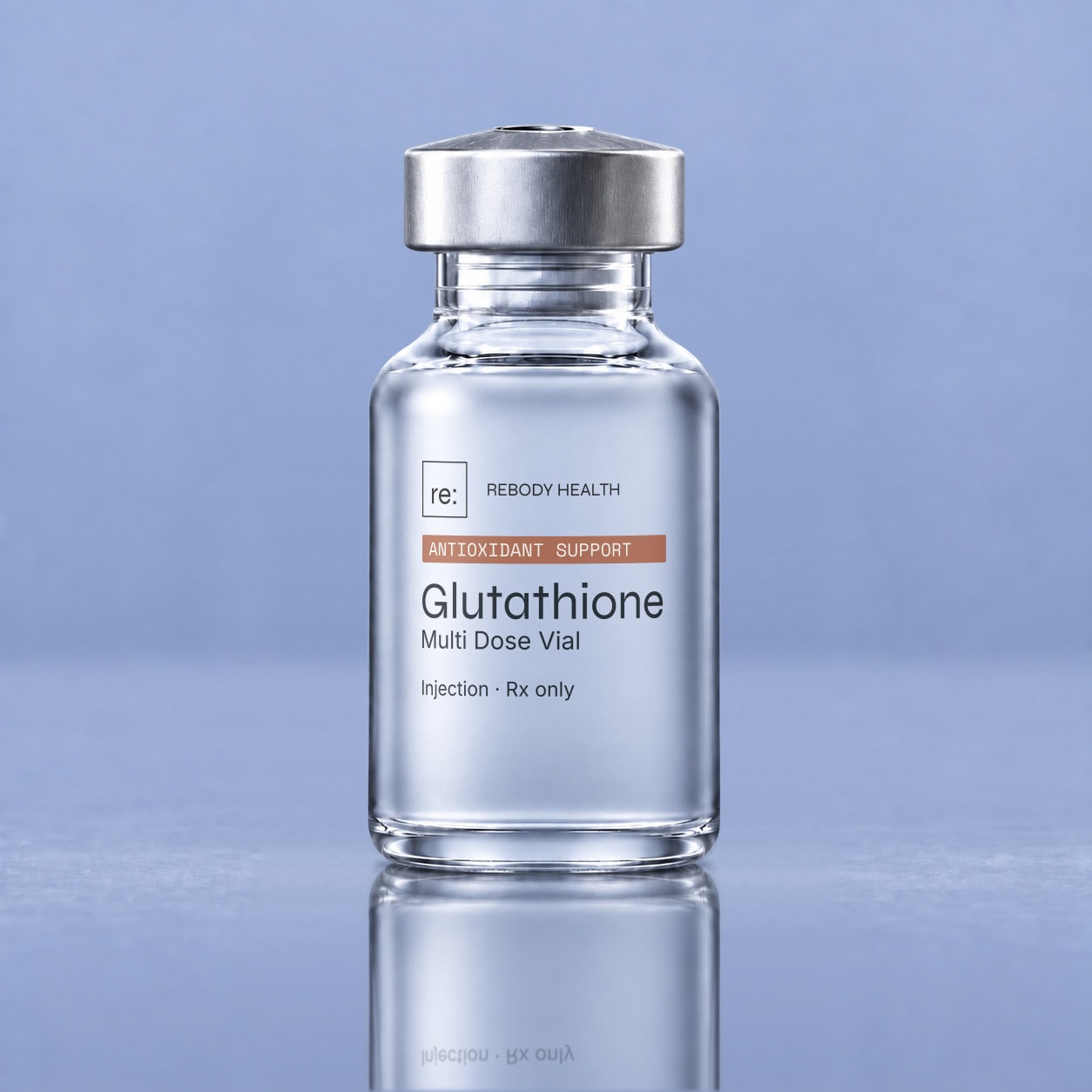 Glutathione frosted vial on a glossy slate-blue surface.