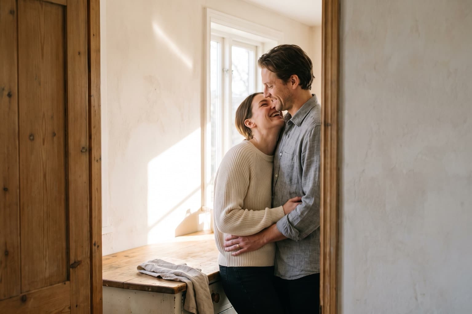 An adult couple, seen from behind, stand forehead to forehead in a lamplit doorway beside a rose plaster wall